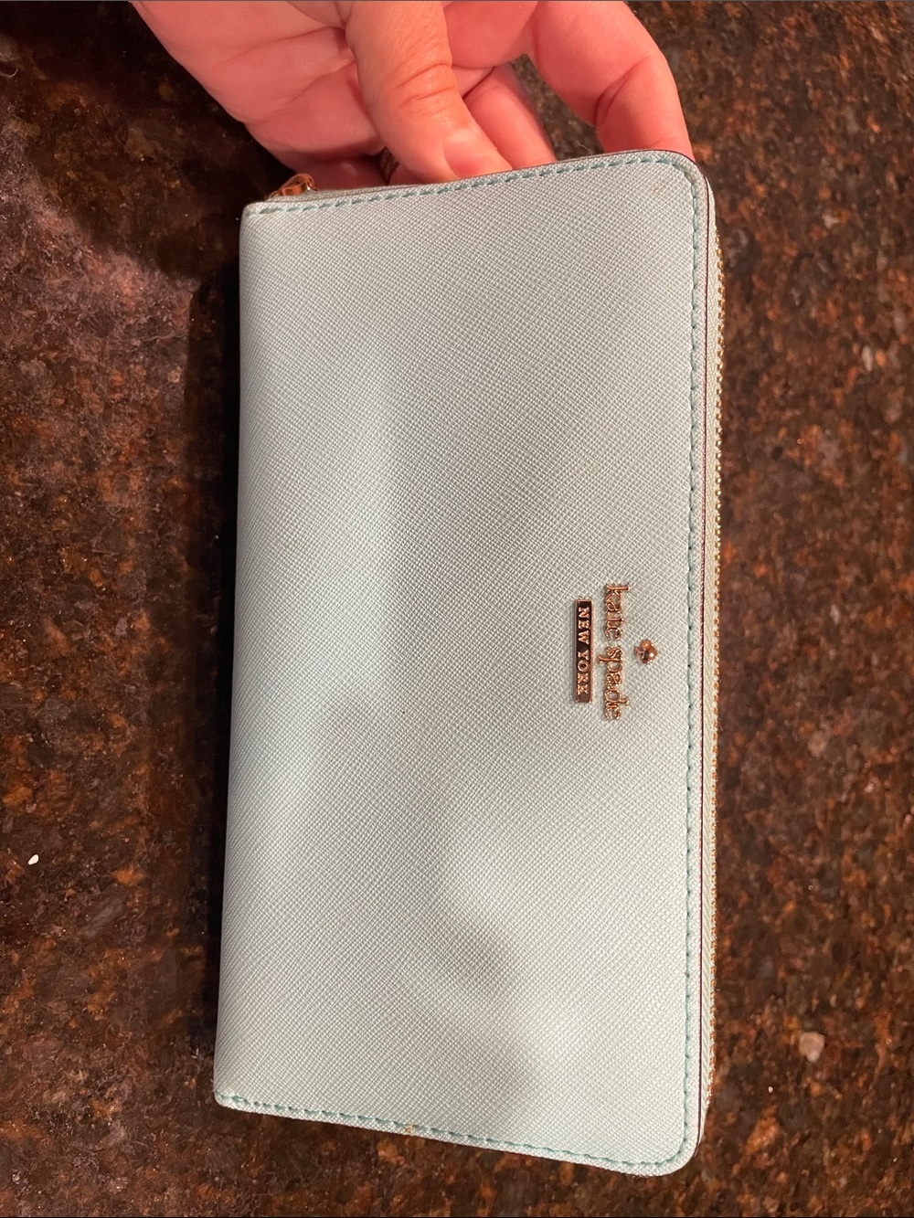 kate spade light blue zip-around wallet with gold hardware